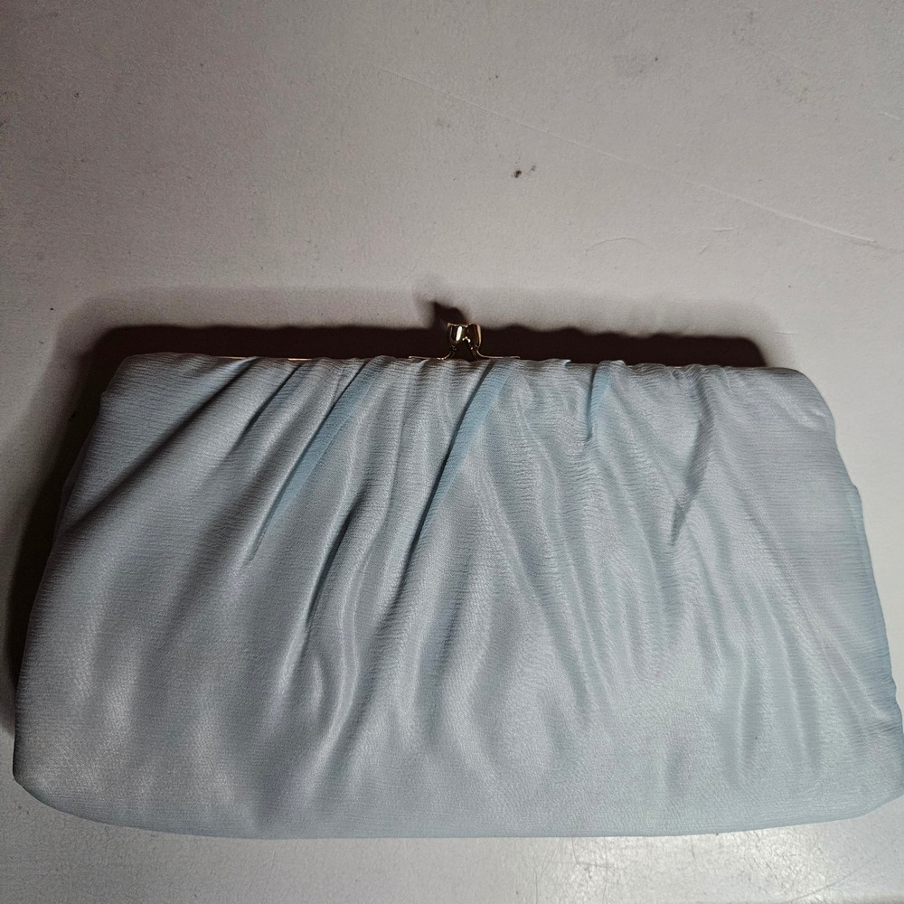 Vintage HL USA Light Blue Chiffon Ruched Clutch Evening Bag Gold Tone Kiss Lock